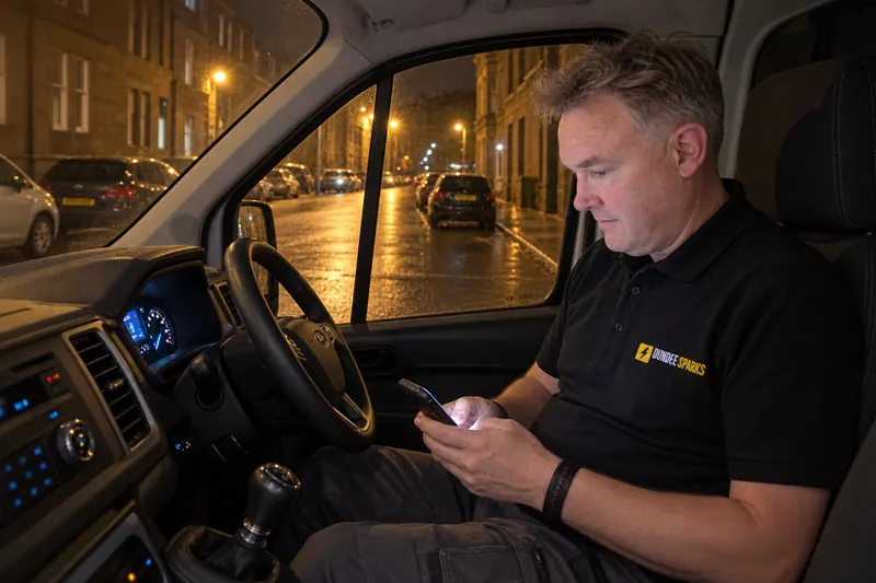 Electrician in his van at night checking the time on a late call-out