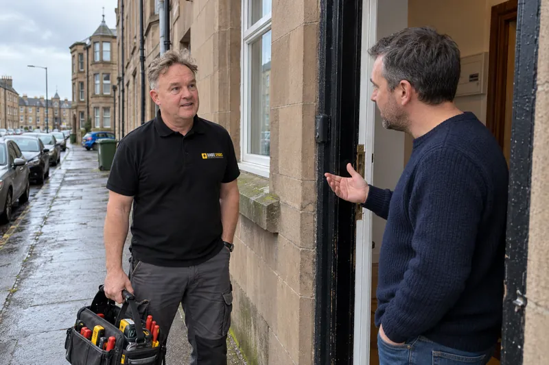 Electrician talking to a homeowner at a Dundee tenement door during the day