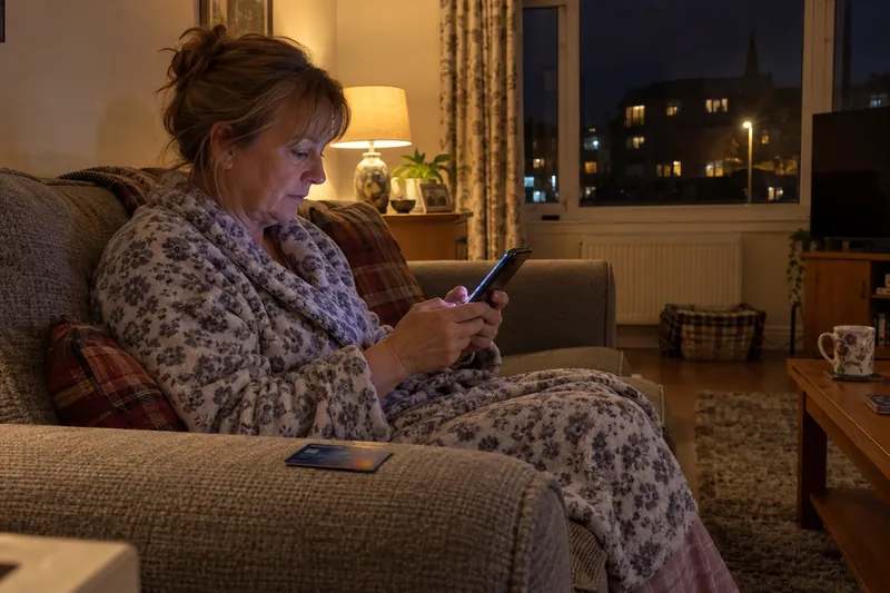 Woman on her sofa at night paying a deposit on her phone, bank card beside her