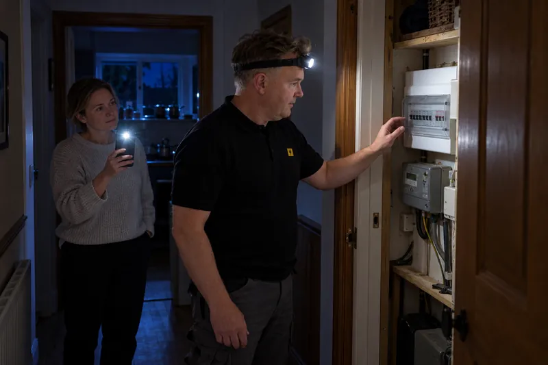 Electrician checking a consumer unit by head torch in a hallway cupboard during an evening power cut