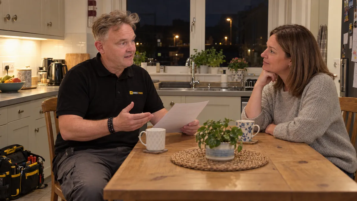 Electrician at a kitchen table at night explaining the cost of a repair to a homeowner