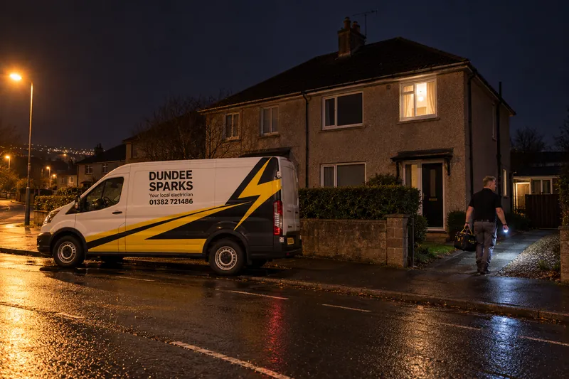 Dundee Sparks van parked outside a house at night as the electrician walks up the drive