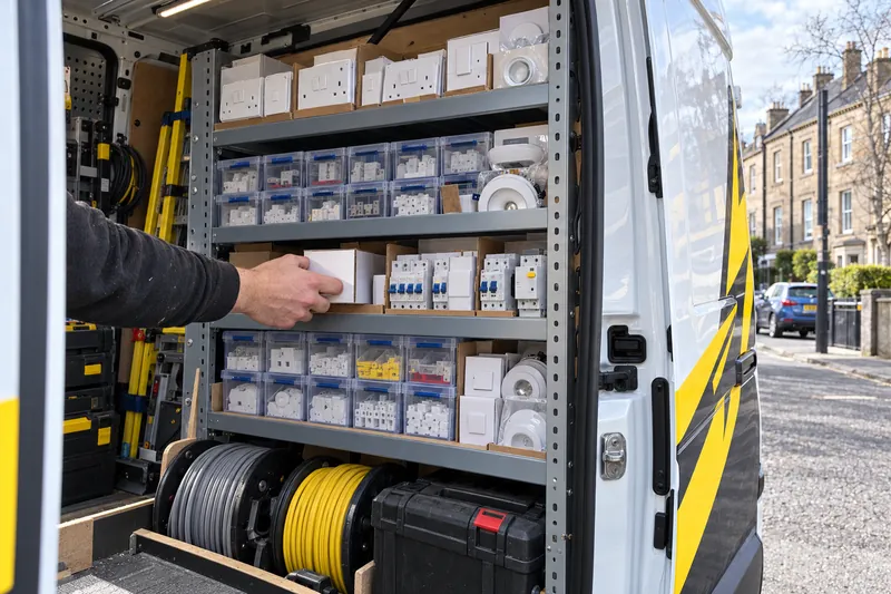 Shelves of sockets, switches and circuit breakers carried in the electrician's van