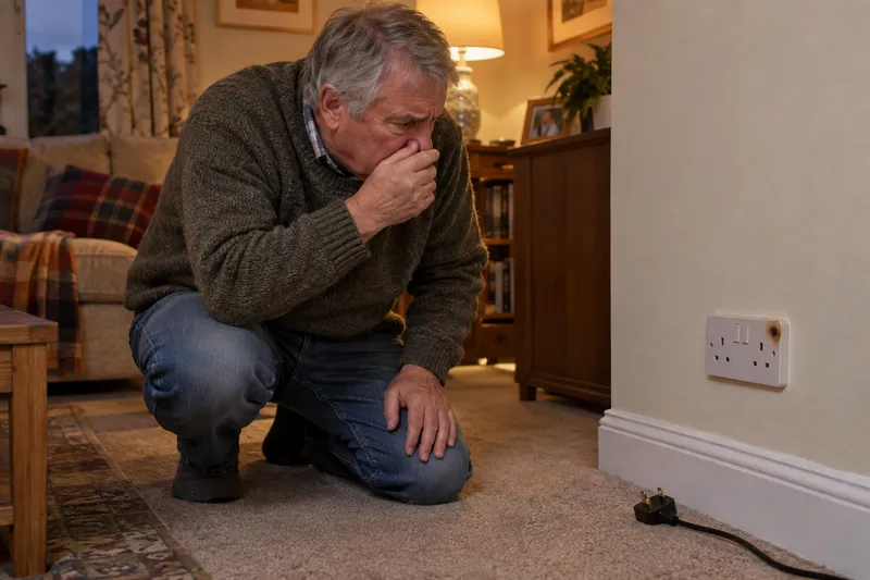 Man crouched beside a scorched wall socket in his living room