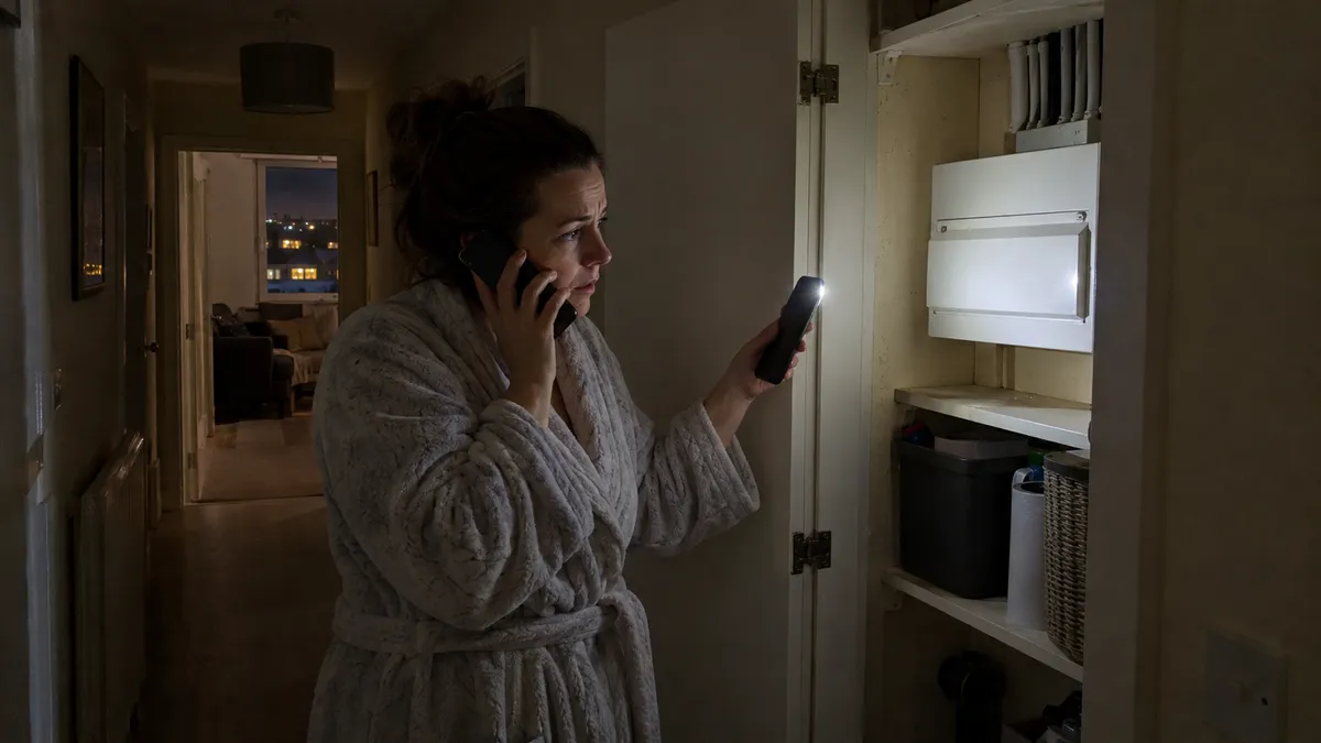 Woman on the phone shining a torch at a hallway consumer unit cupboard at night