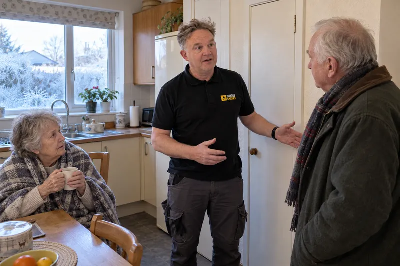 Electrician talking with an elderly couple in a cold kitchen