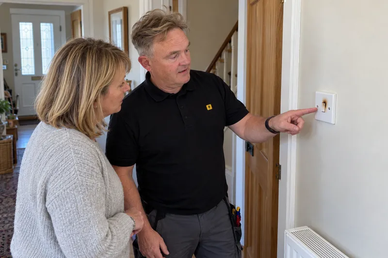Electrician pointing out a scorched light switch to a homeowner
