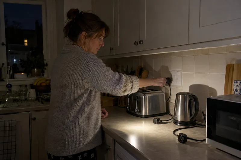 Woman unplugging kitchen appliances by torchlight after a trip