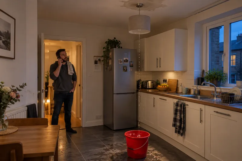 Water dripping from a kitchen ceiling light into a bucket