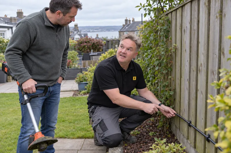 Electrician checking a damaged outdoor cable with a homeowner in a Broughty Ferry garden