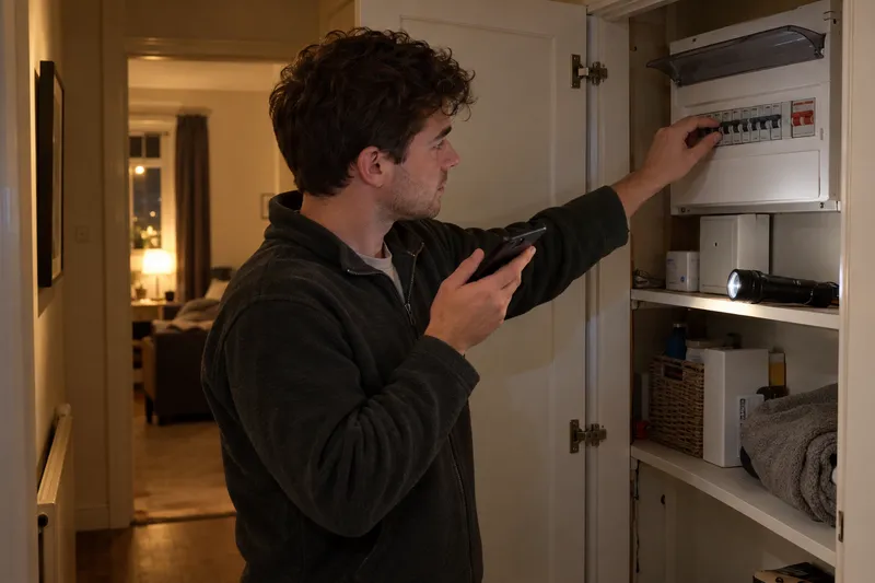 Man switching off the main switch at his consumer unit while on the phone