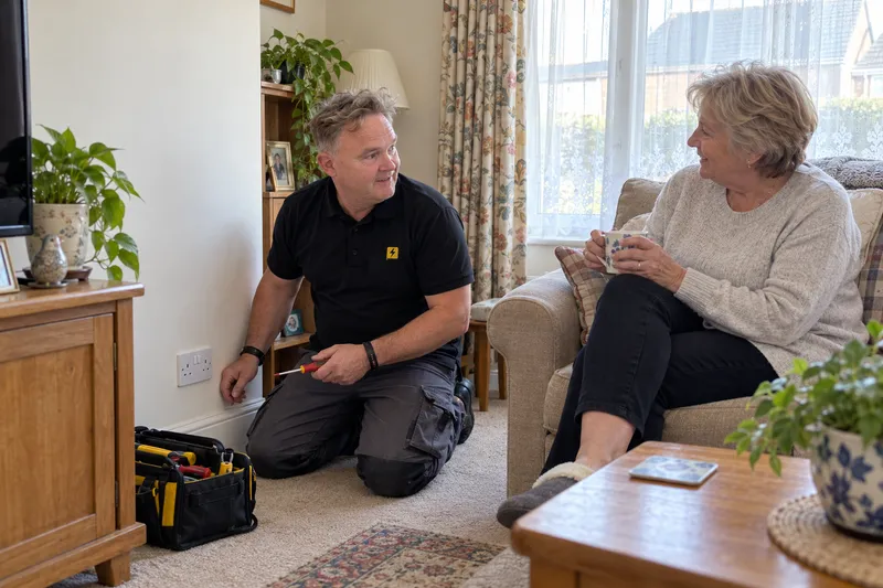 Electrician refitting a socket in a Monifieth living room during the day