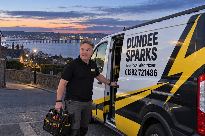 Dundee Sparks van in Newport-on-Tay at dusk with the Tay Road Bridge behind