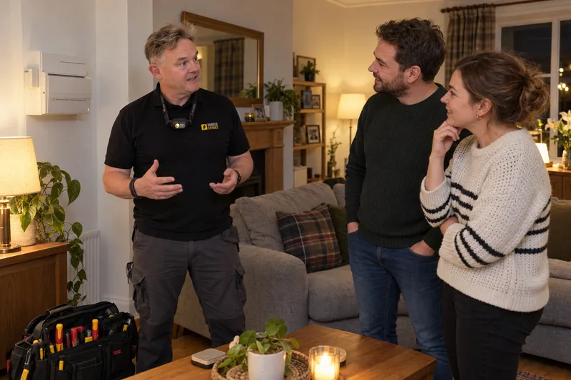 Electrician explaining a fault to a relieved couple in their living room