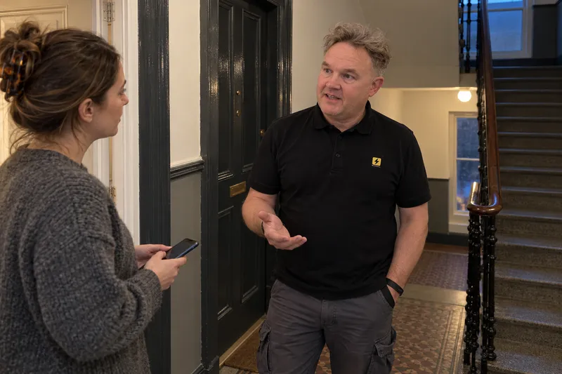 Electrician explaining costs to a woman at her tenement flat door