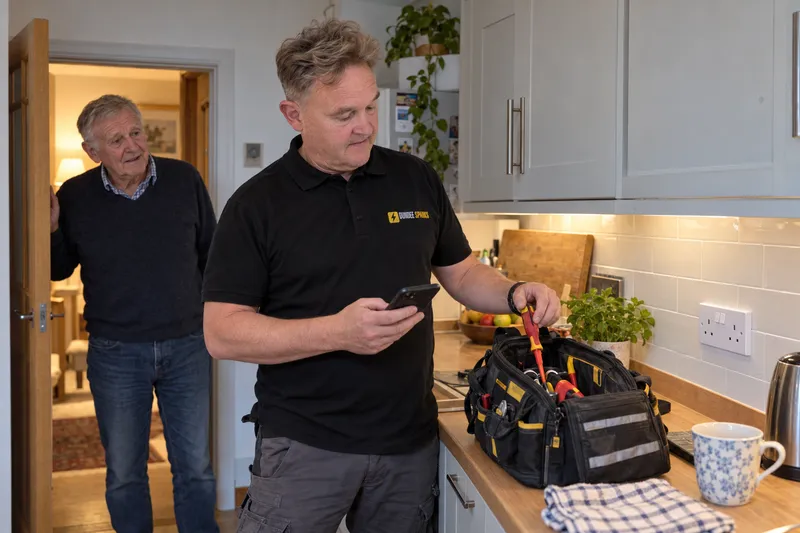 Electrician packing up after a job while checking his phone