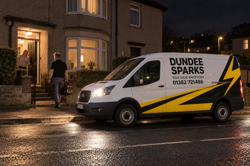 Dundee Sparks van pulling up outside a house in Lochee at night