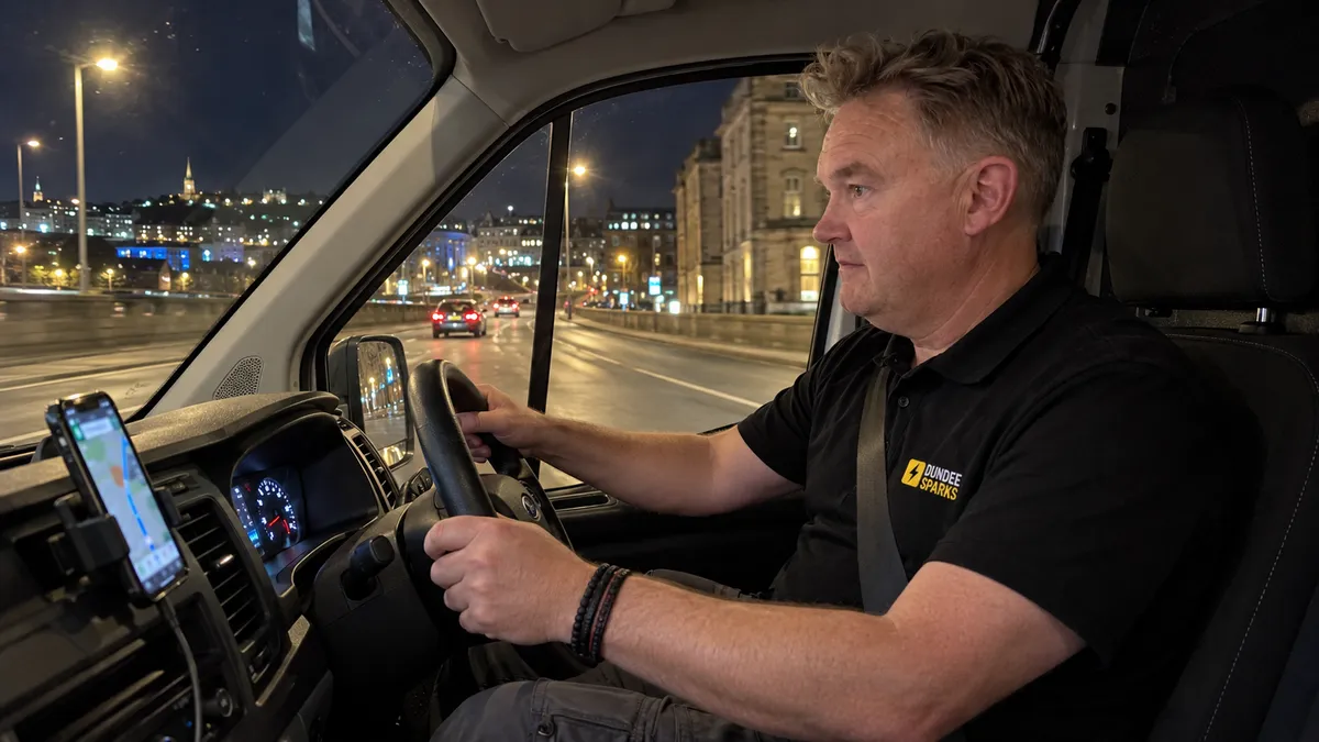 James driving the Dundee Sparks van through Dundee at night