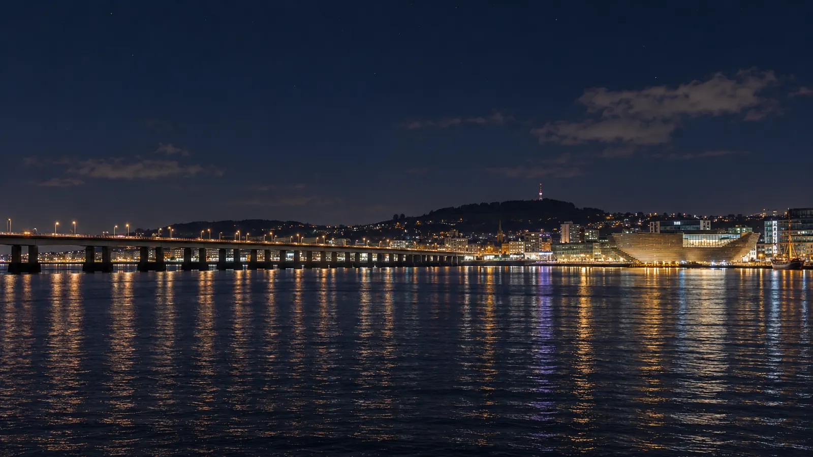 Dundee waterfront and the Tay Road Bridge at night