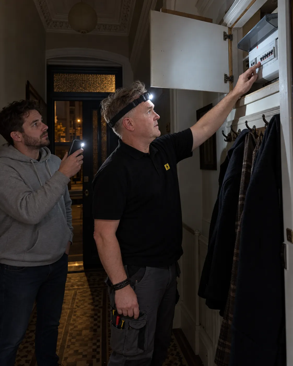 Electrician checking a consumer unit by head torch during a power cut