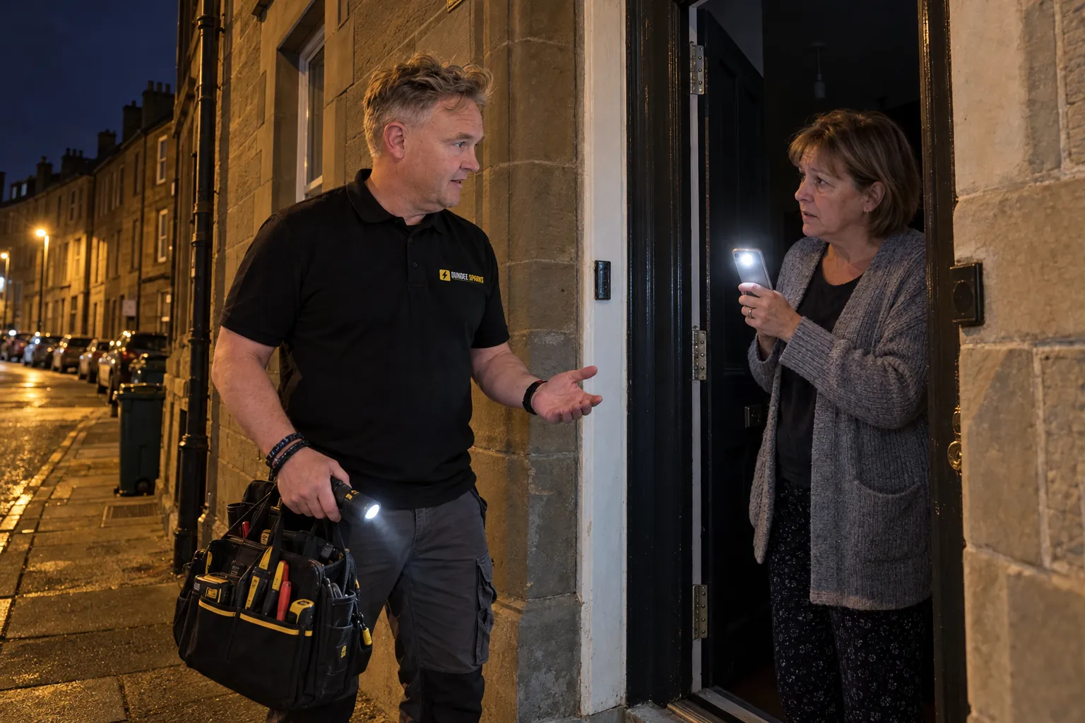 Electrician arriving at a dark tenement flat at night to help with a power cut