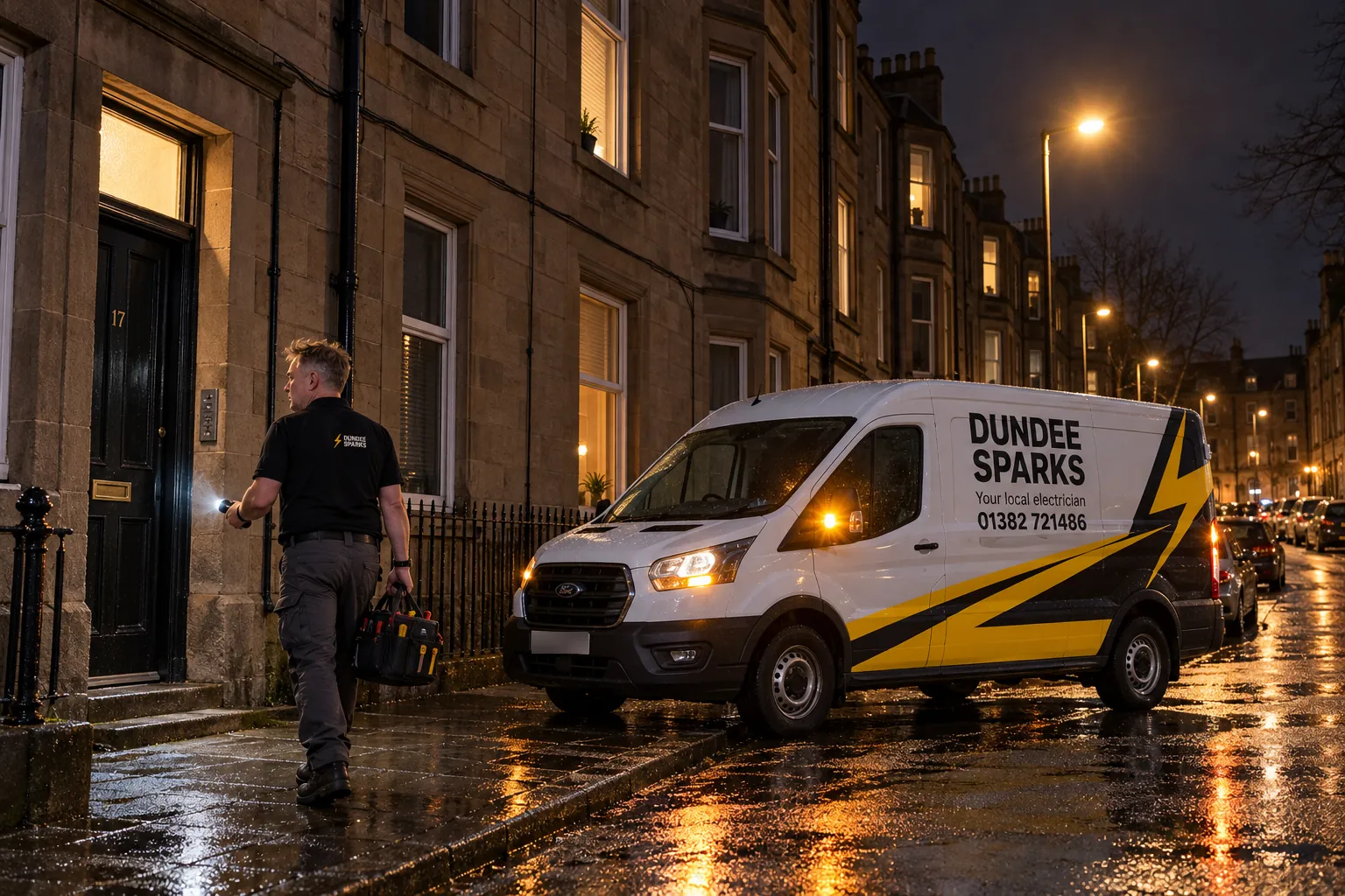 Electrician walking from the van to a Dundee tenement door at night