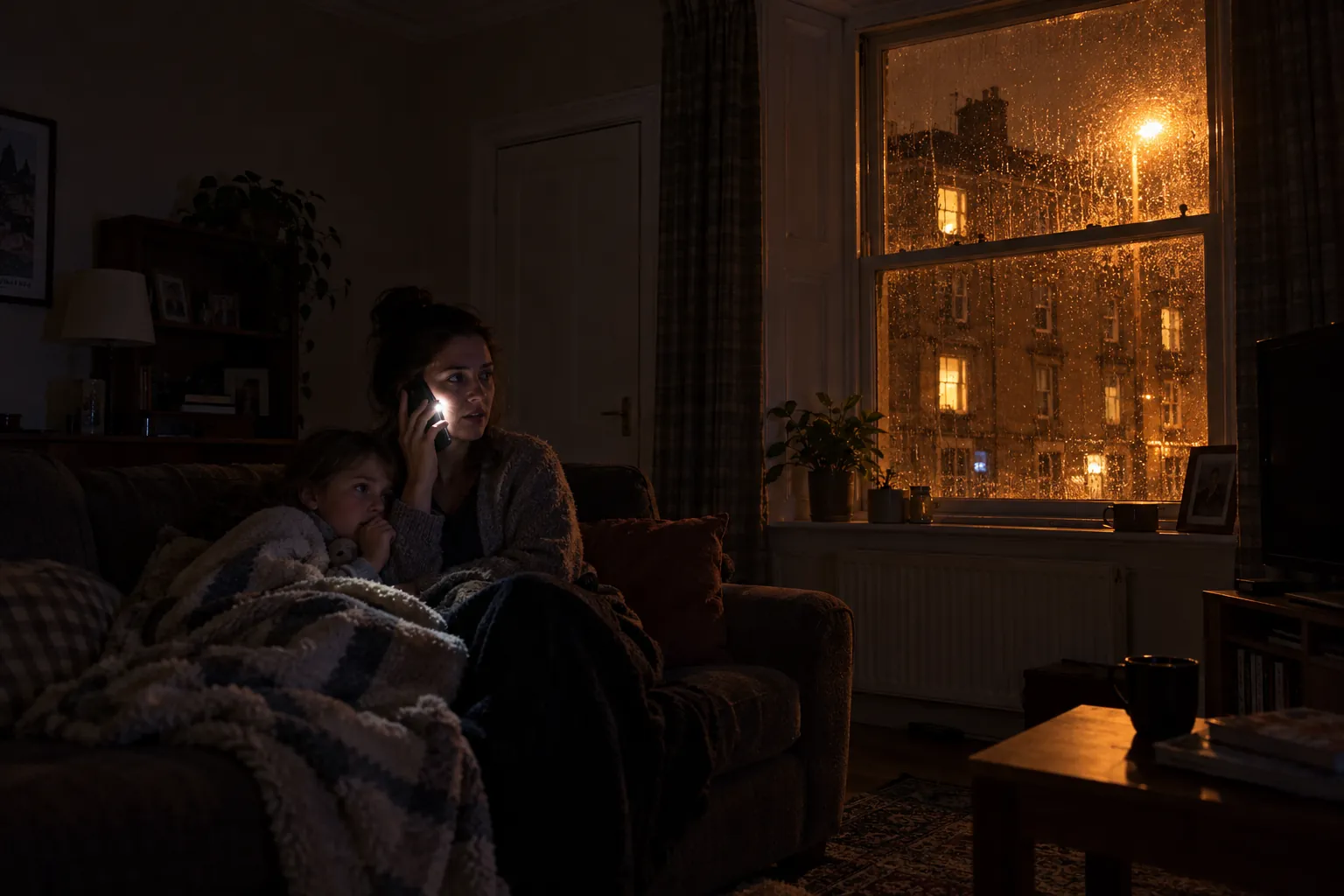 Mother and child in a dark Dundee flat during a power cut, calling for help